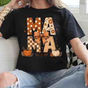 Fall Mama Shirt, Retro Patchwork Mama Tee, Pumpkin Bow Mom T-Shirt, Autumn Block Letter Shirt, Fall Gift For Mom