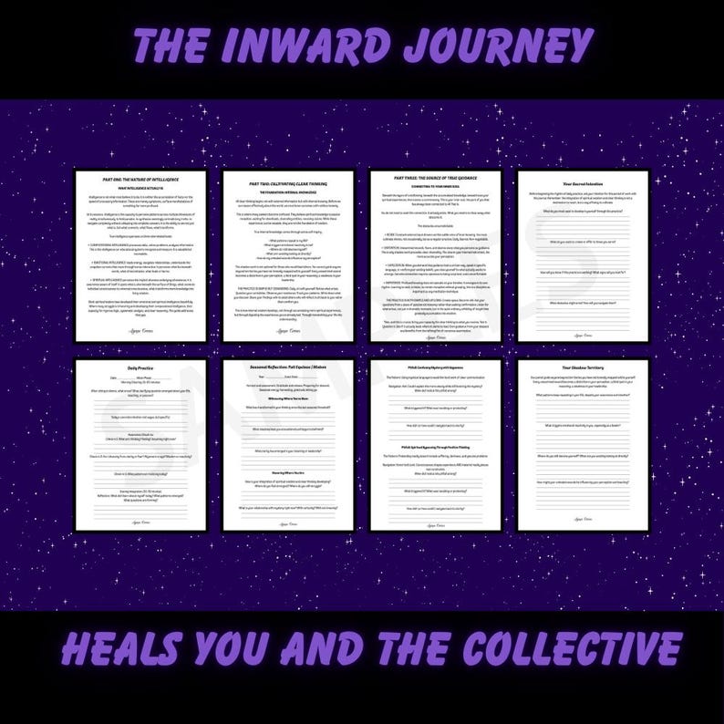 May include: A collection of eight white pages with text, arranged on a dark purple background with a starry pattern. The text includes the phrases "THE INWARD JOURNEY" and "HEALS YOU AND THE COLLECTIVE".