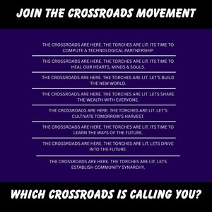 May include: A purple graphic with white text promoting the "Crossroads Movement." The text includes phrases like "Compute a Technological Partnership" and "Heal Our Hearts, Minds & Souls." The bottom reads "Which Crossroads Is Calling You?"