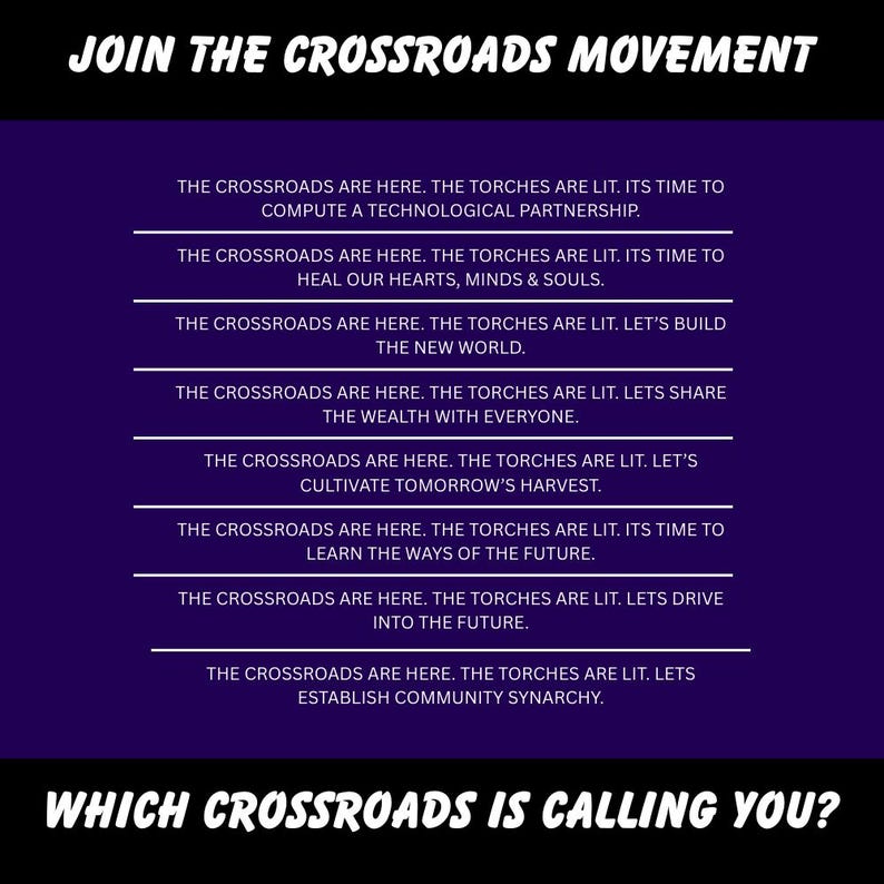 May include: A purple graphic with white text promoting the "Crossroads Movement." The text includes phrases like "Compute a Technological Partnership" and "Heal Our Hearts, Minds & Souls." The bottom reads "Which Crossroads Is Calling You?"