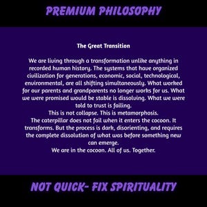 May include: A purple graphic with white text. The text reads "PREMIUM PHILOSOPHY" at the top and "NOT QUICK-FIX SPIRITUALITY" at the bottom. The center text discusses societal transformation and metamorphosis.