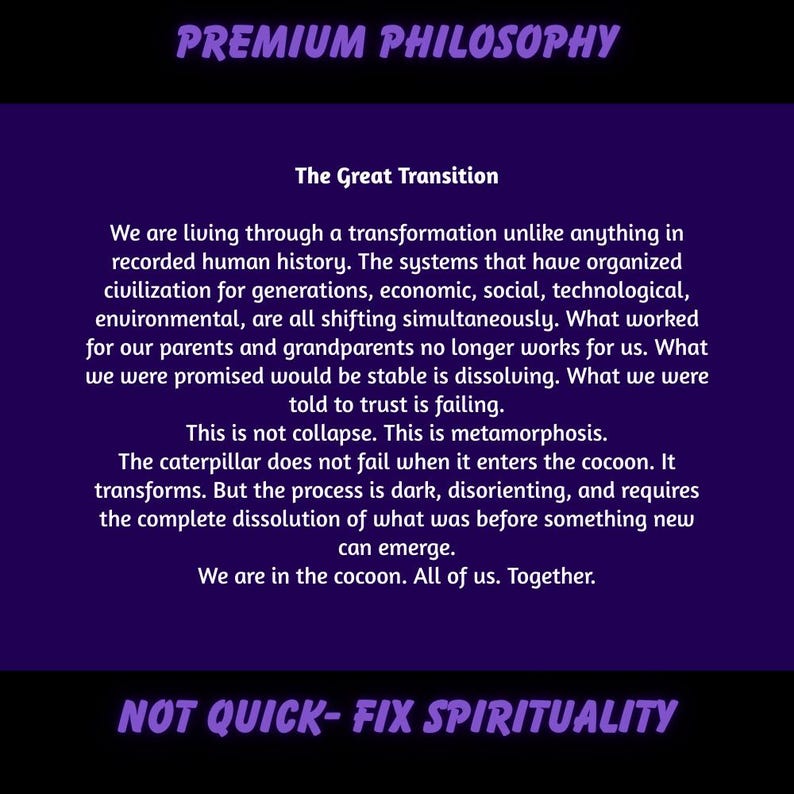 May include: A purple graphic with white text. The text reads "PREMIUM PHILOSOPHY" at the top and "NOT QUICK-FIX SPIRITUALITY" at the bottom. The center text discusses societal transformation and metamorphosis.