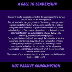 May include: A purple graphic with white text that reads "A Call to Leadership" and "Not Passive Concumption." The text describes a journal for spiritual leaders, focusing on wisdom, clarity, and personal evolution.