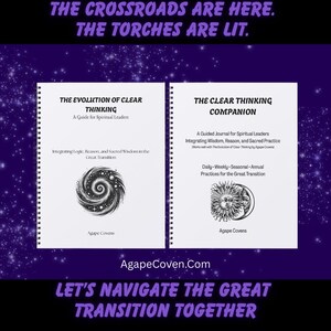 May include: Two spiral-bound books titled "The Evolution of Clear Thinking" and "The Clear Thinking Companion" are displayed against a dark purple background with white stars. The books feature text and illustrations, including a spiral and a sun-moon design. The text "AgapeCoven.com" is also visible.