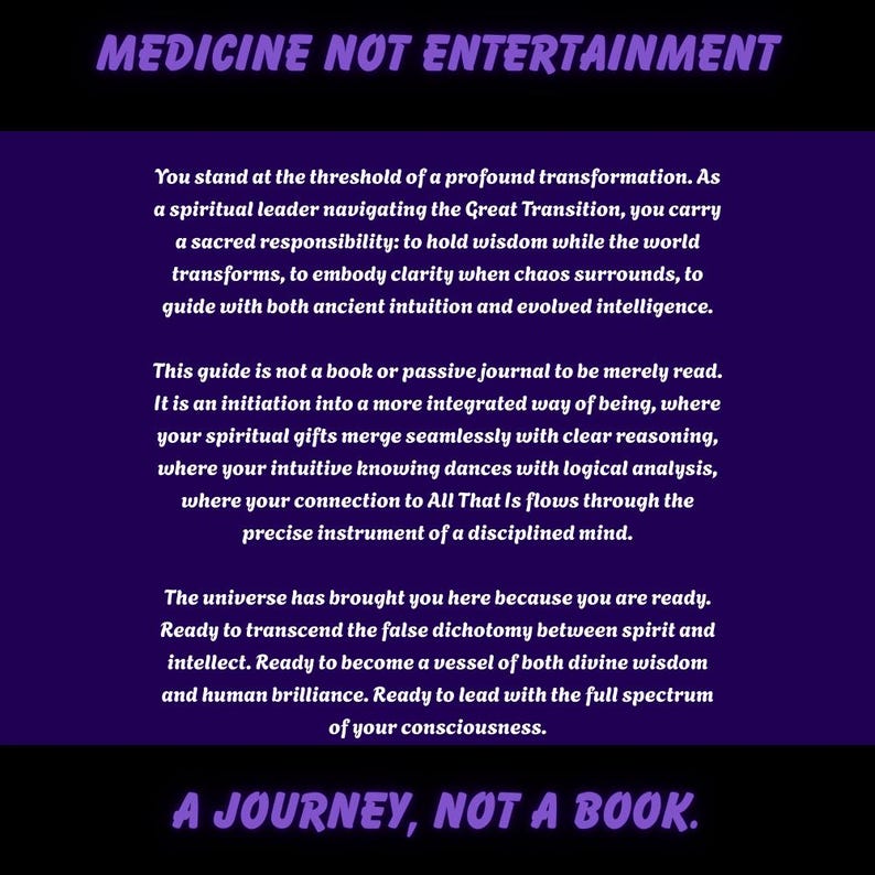 May include: A purple background with white text that reads "MEDICINE NOT ENTERTAINMENT" at the top and "A JOURNEY, NOT A BOOK" at the bottom. The text in the middle describes a spiritual guide.