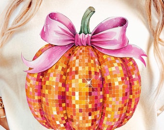Retro Disco Pumpkin Sublimation PNG Coquette Pumpkin Bow PNG Retro Pumpkin Pink Bow PNG Groovy Pumpkin Fall Soft Girl Png Sublimation Design