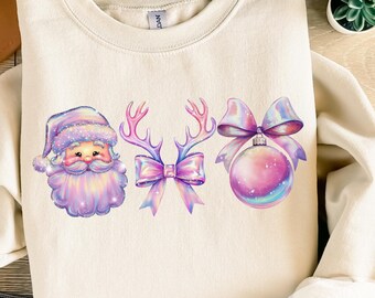 Iridescent Christmas Sublimation PNG Cute Christmas Reindeer Antlers Png Christmas Bow Santa Claus PNG Christmas Bauble Sublimation Design