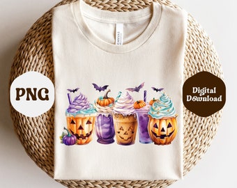 Halloween Coffee PNG, Fall Coffee PNG, Retro Halloween PNG, Spooky Season Watercolor Coffee, Scary Pumpkin Spice Png, Sublimation Design
