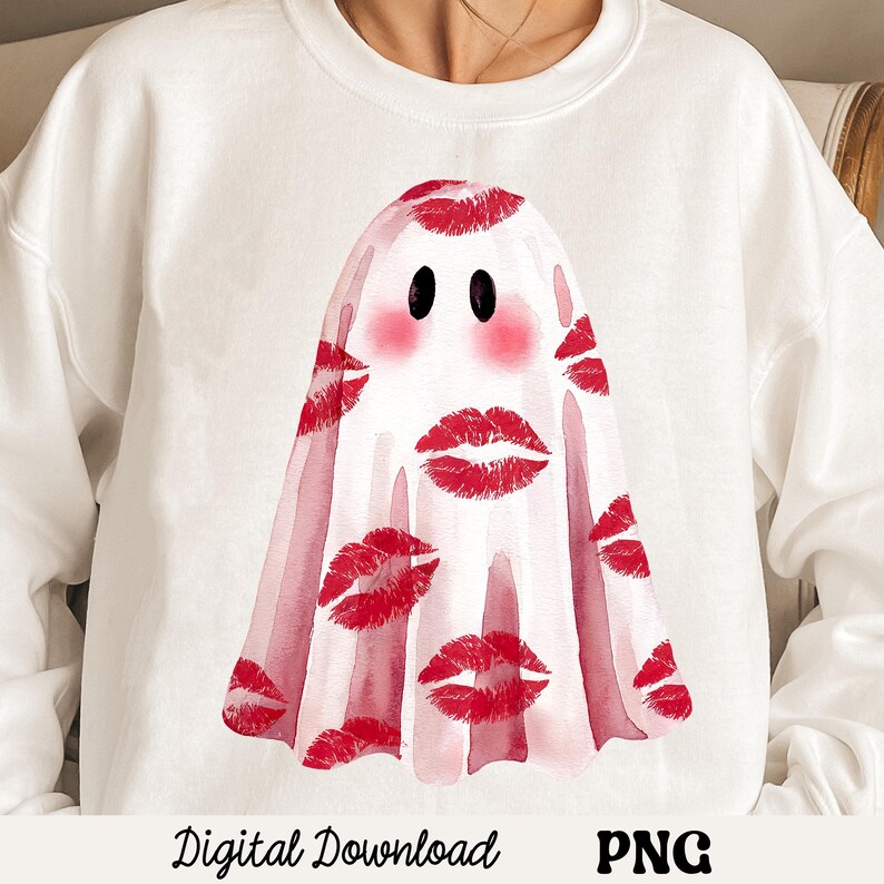 Retro Red Lips Kisses Pattern Ghost Sublimation PNG Cute Halloween