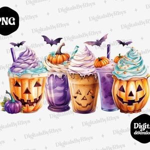 May include: Four Halloween-themed pumpkin-shaped iced coffee drinks with whipped cream and sprinkles. The drinks are decorated with purple, orange, and green accents.