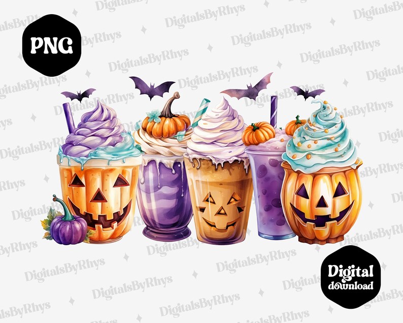 May include: Four Halloween-themed pumpkin-shaped iced coffee drinks with whipped cream and sprinkles. The drinks are decorated with purple, orange, and green accents.