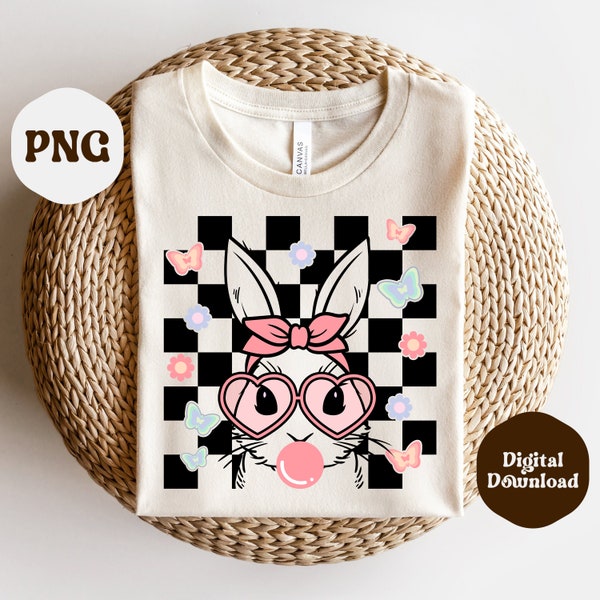 Bunny with bandana, heart glasses and bubblegum PNG, Happy Easter PNG Retro Easter PNG, Rabbit Easter Bandana Bunny, Cute Sublimation Design