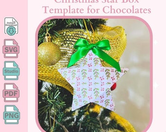 May include: A white star-shaped box with a green bow and red and green holly pattern. The box is hanging on a Christmas tree with gold tinsel.