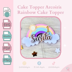 May include: A rainbow cake topper featuring a sun, clouds, and the name "Sarita" in gold glitter lettering. The number "1" is also part of the design.