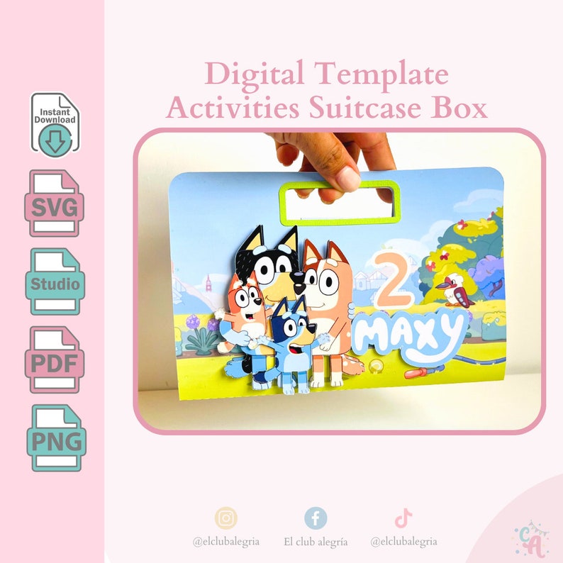 May include: A blue and green suitcase box with a handle. The box features a cartoon image of four dogs from the show Bluey. The text "2 Maxy" is on the box.