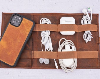 Personalized Genuine Leather Cable Organizer, Custom Cord Holder for Men & Women, Engraved Travel Cable Case Cord Keeper, Gift for Traveller