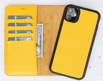 Étui de téléphone personnalisé en cuir jaune iPhone 11 série étui portefeuille détachable magnétique avec fentes pour cartes iPhone 11/Pro/Max cadeau pour elle