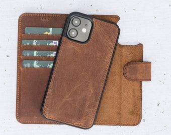 Personalized Phone Case Vintage Brown Leather iPhone 11 Series Magnetic Detachable Wallet Case with Card Slots iPhone11/Pro/Max Gift For Her