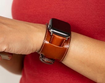 Pulsera de cuero compatible con Apple Watch, brazalete ancho personalizado grabado a mano, pulsera iWatch personalizada para hombre y mujer. Regalo ideal.
