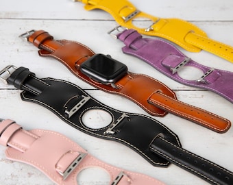 Correa de cuero hecha a mano para Apple Watch: Correa de estilo vintage, compatible con relojes de 38 a 49 mm.
