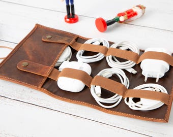 Organizador de cables de piel, organizador de cables de piel personalizado, estuche para dispositivos electrónicos personalizado, funda de piel para dispositivos electrónicos, estuche para cargador