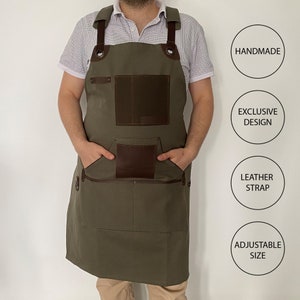 Genuine Leather Personalized Adjustable Adult Chef Kitchen BBQ Apron For Men Custom Pocket Black smith Craftsman Canvas Barber Work Gardening