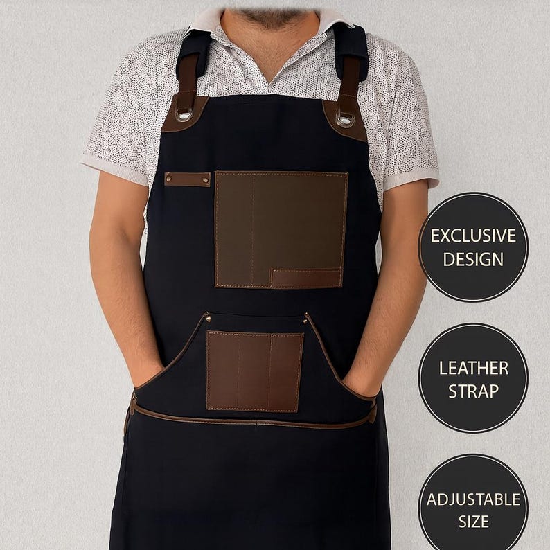 Personalized Leather Apron Men, BBQ Apron, Woodworking Apron, Welding Apron, Custom Engraved Genuine Leather Grilling Apron Adjustable Strap image 1