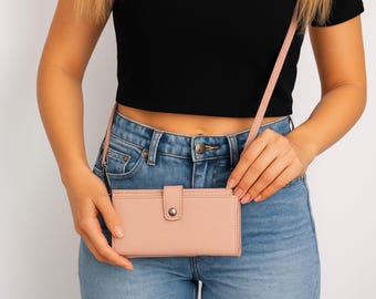 Cartera de cuero personalizada para teléfono con correa, monedero con nombre personalizado, funda tipo bandolera, bolso de mano para mujer (regalo)
