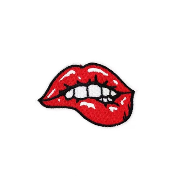 Lips Patch- Biting lips- Embroidered Patch- Iron on- Sew On- Crafts- Teeth- Red lips Patch