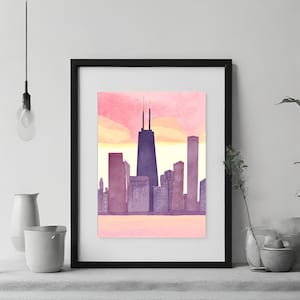 Chicago Skyline Watercolor Print - Digital Art, Chicago Wall Art, Cityscape Home Decor