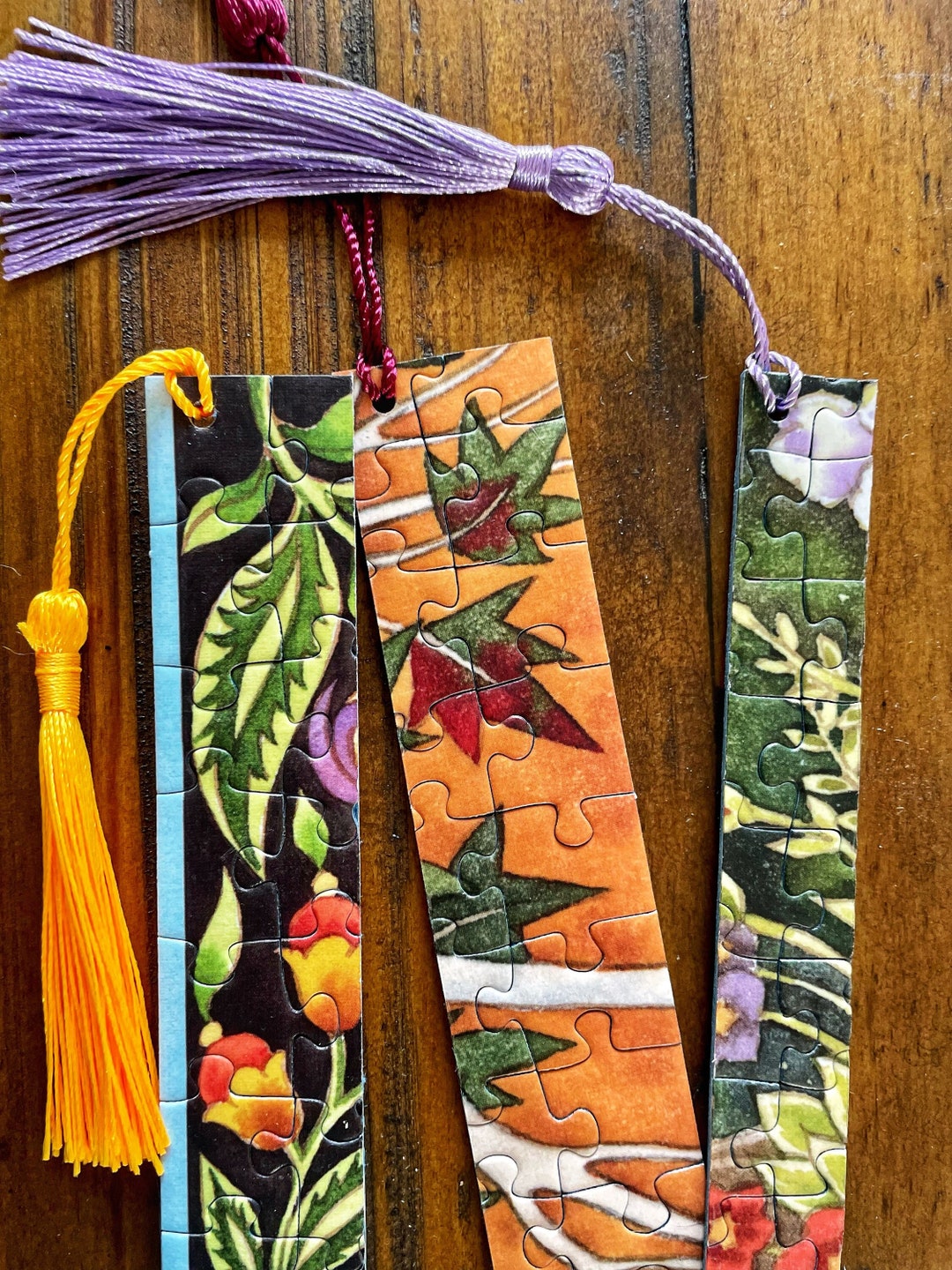 Upcycled Puzzle Bookmarks Set of 4 Bookmarks With Tassels Assorted Designs, Sizes & Colors Gift