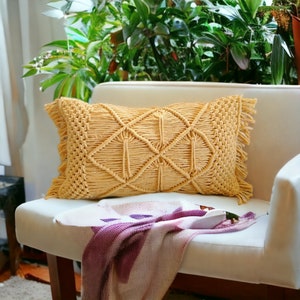 Yellow floral macrame lumbar cushion ,Bohemian ,Throw pillow ,Farm House ,Decoration pillows ,Cotton ,Handmade ,Boho
