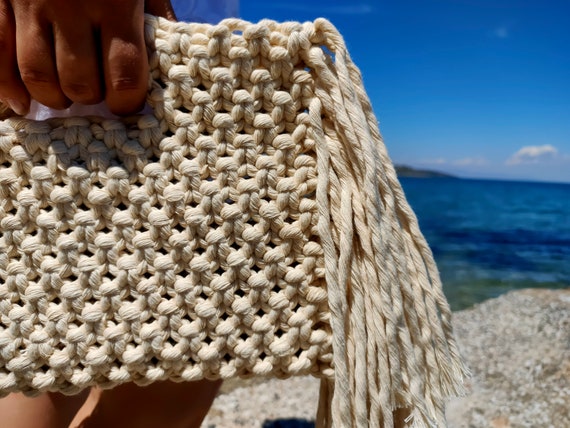 Ivory Macrame Tassel Hand Bag Macrame Purse Fringe Bag Mustard Summer Bag hand Knotted tending Bag macrame Clutch Bags Etsy