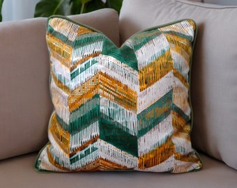 Funda de almohada decorativa única de terciopelo con ribetes verdes y mostaza