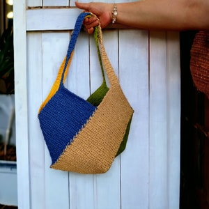 Borsa a tracolla in corda di carta colorata, borsa fatta a mano all'uncinetto, borsa da spiaggia estiva Boho, regalo per lei, regalo di Natale per donna