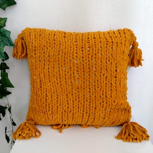 Mustard Velvet Pillow Cover, Hand Knit Velvet Pillows, Decorative Throw Pillow, Bohemian Pillow, Christmas Gifts