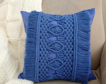 Royal blue floral hand knotted macrame pillow ,Handmade macrame pillow cover ,Decorative pillows ,Cotton ,Gift