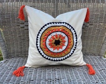 Kleurrijke gehaakte kussensloop, boho-kussensloop, kussenhoes, kussen met kwastjes, decoratieve kussens, boho-kussen