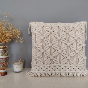 Ivory floral hand knotted macrame lumbar throw pillow cover // Bohemian decoration pillows // Outdoor  // Farm House