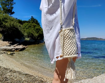 Cylinder ıvory macrame  shoulder bag//Round long strap bag//Tasseled bag//Summer bag//Bohemian bag//Fringed party bag//Birthday gift