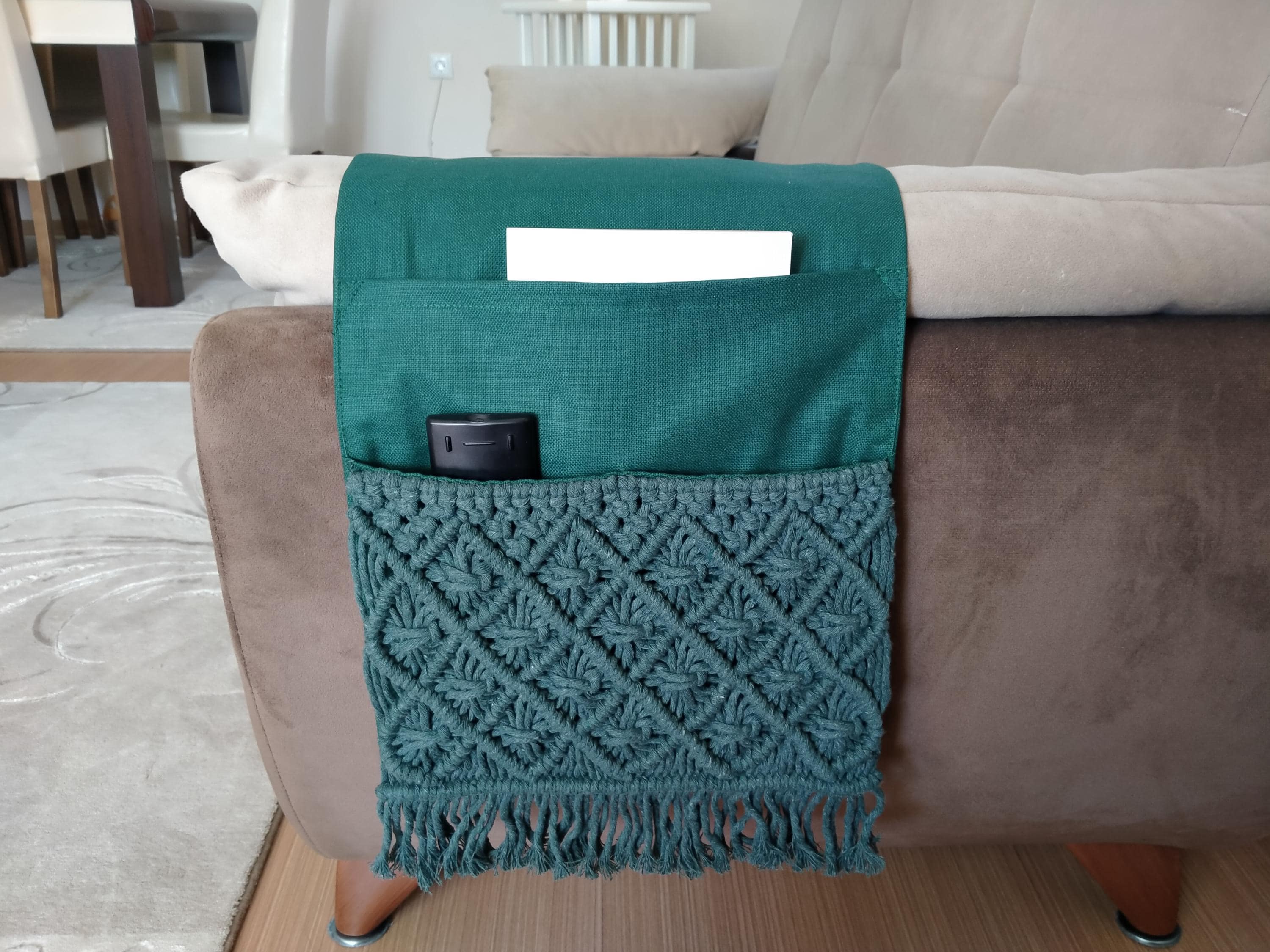 Emerald Green Canvas Macrame Armrest Organizer 11x37",Remote Control Holder
