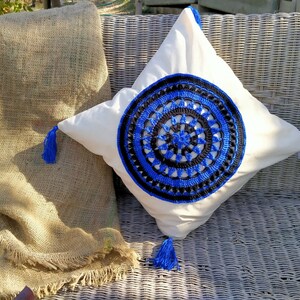 Royal Blue and Black Crochet Pillow Cover, Colorful Crochet Pillow Cover, Bohemian Pillow Case, Tasseled Pillow, Home Decor