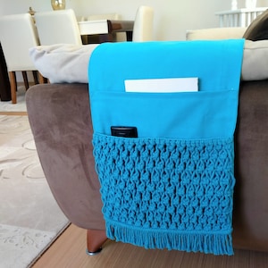 Turqoise Macrame Sofa Armrest Organizer,Remote Control Holder,Storage Basket,Armchair Organizer,Macrame House Gift,Boho Basket Style Gift