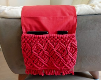 Red Macrame Sofa Armrest Organizer, Remote Control Holder, Storage Basket, House Gift, 11x37"