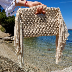 Ivory macrame tassel hand bag, Macrame purse, Fringe bag, Mustard summer bag,Hand knotted,Tending bag,Macrame clutch bags