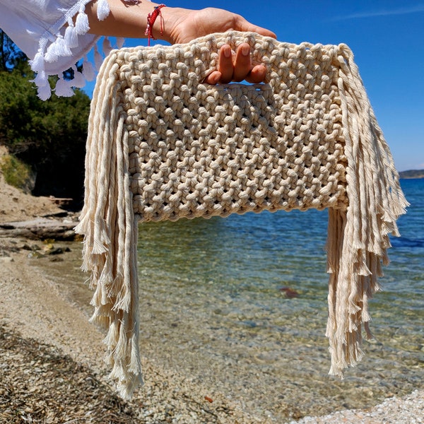 Ivory macrame tassel hand bag, Macrame purse, Fringe bag, Mustard summer bag,Hand knotted,Tending bag,Macrame clutch bags