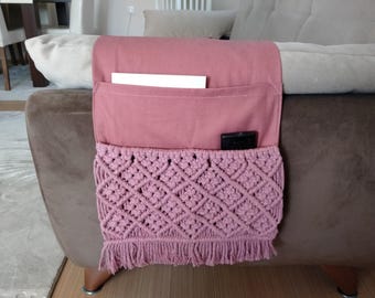 Organizador de reposabrazos de macramé rosa, cesta de almacenamiento, organizador de sillón, 28 x 94 cm