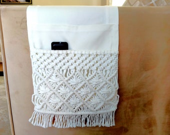 White Macrame Sofa Armrest Organizer,Remote Control Holder,Storage Basket,Armchair Organizer,Macrame House Gift,Boho Basket Style Gift