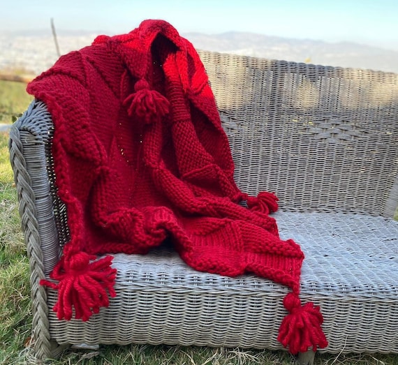 Rote Wolle TV Decke, Chunky Hand gestrickte Decke, Bohemian Decke