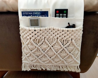 Macrame Armrest Organizer for Remote Controls & Phone Holder, Armchair Caddy Basket for Magazines and TV Remotes